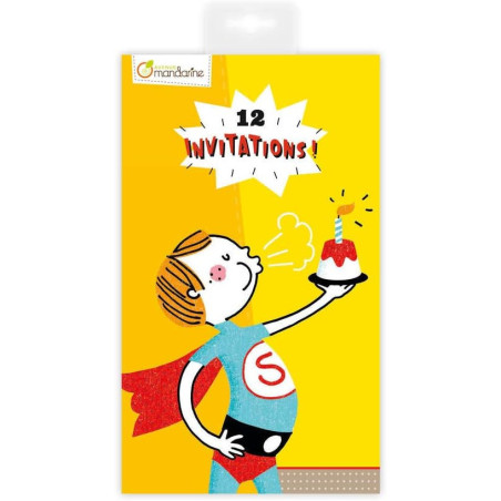 Carnet de 12 cartes dinvitation - Super héros - Jaune - 17 x 10 cm