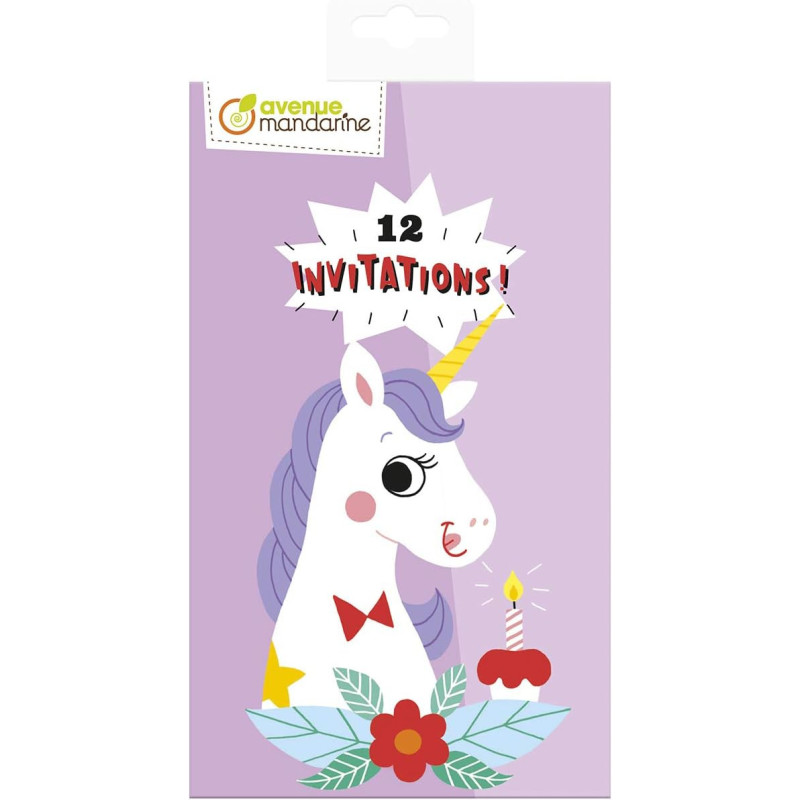Carnet de 12 cartes dinvitation - Licornes - Violet - 17 x 10 cm