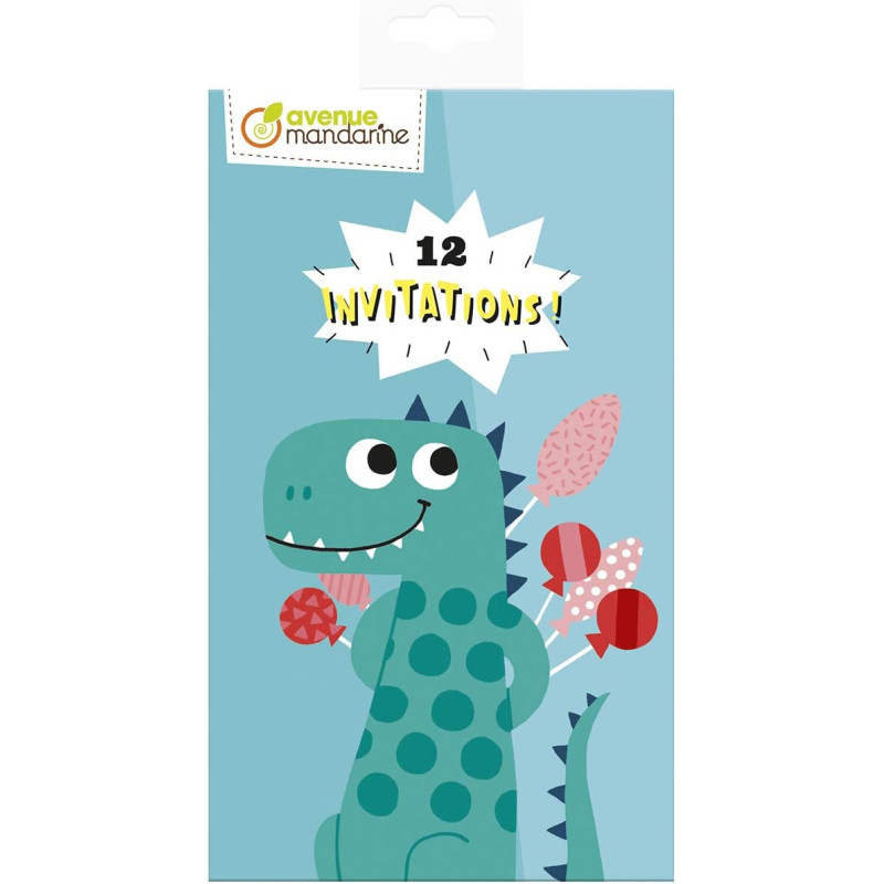 Carnet de 12 cartes dinvitation - Dinosaures - Bleu - 17 x 10 cm
