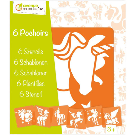 Set de 6 pochoirs pour enfant - Licornes - Orange - 15 x 15 cm