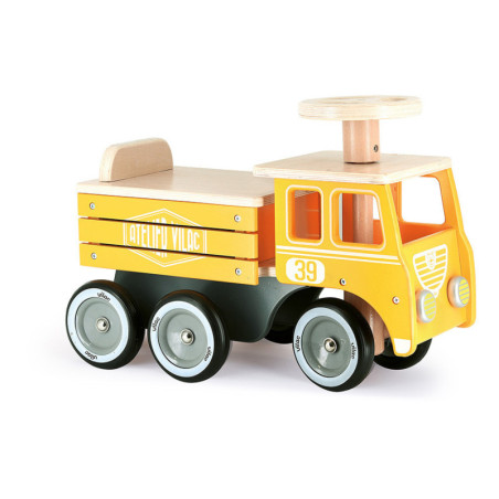 Porteur camion de chantier en bois avec coffre de rangement - Jaune - L 50 x H 26 x P 35 cm