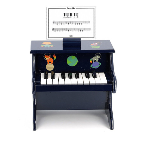 Piano en bois pour enfant motif espace avec 18 touches + partitions - Bleu foncé - L 33 x H 33 x P 26 cm