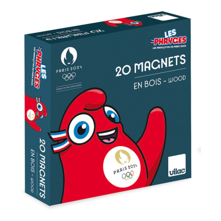 Coffret de 20 magnets en bois des JO 2024 - Mascotte Les Phryges - Rouge - L 16 x H 3.5 x l 16 cm