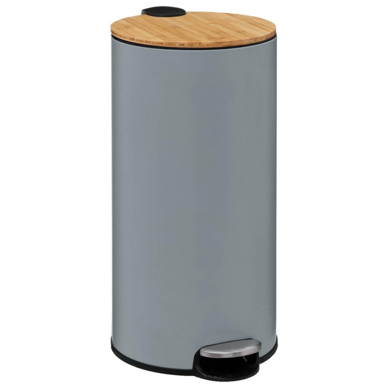 Poubelle à pédale en métal et bambou - Gris - 30L - H 59,5 cm