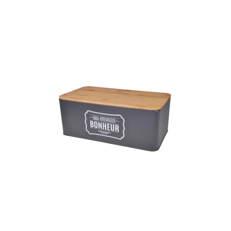 Boite en métal imprimée avec couvercle en bambou Vintage - Gris Antharcite - L 33 x l 18 x H12 cm