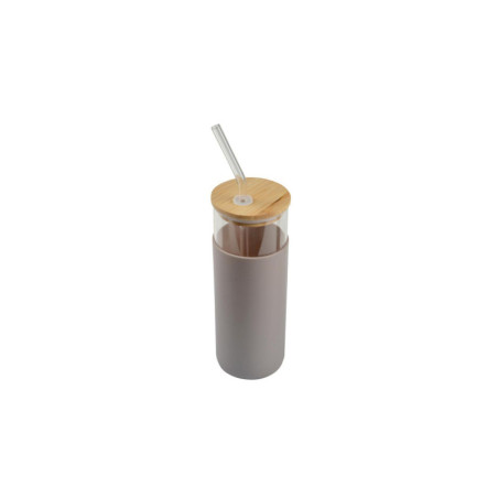 Gourde en verre et bambou avec sa paille - Taupe - 0,5L - D 6,6 x H 19 cm