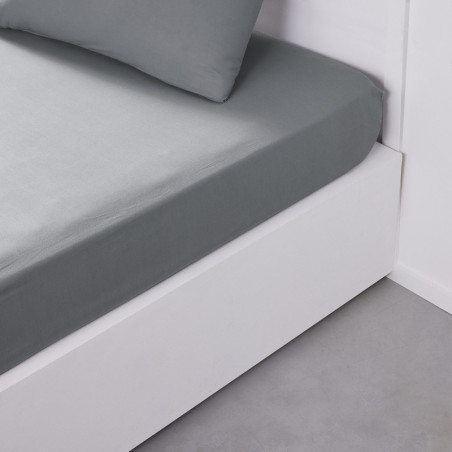 Drap housse en coton pour lit double "Essential" à grands bonnets - Gris acier - 160 x 200 cm