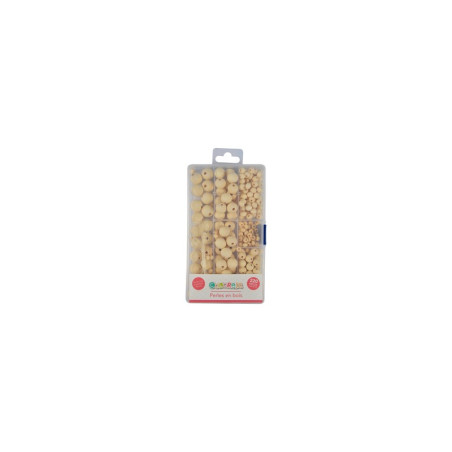 Boîte de 220 perles en bois rondes + fil nylon élastique - Beige - D6/8/10/14/16 mm