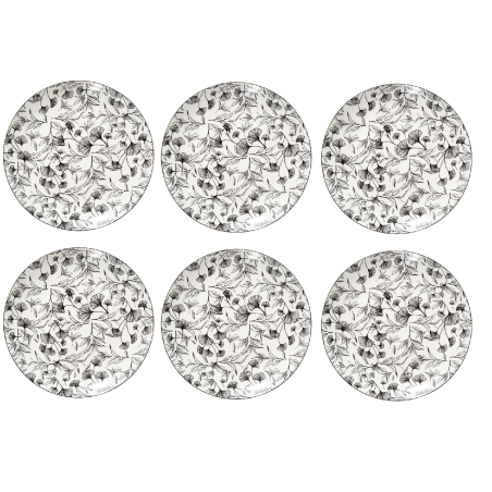 Lot de 6 assiettes plates en porcelaine à motif floral - Blanc/Noir - D 27 cm