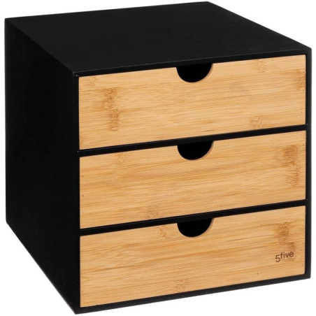 Tour de rangement à 3 tiroirs pour bureau en bambou - Noir/Beige - 25 x 25 cm