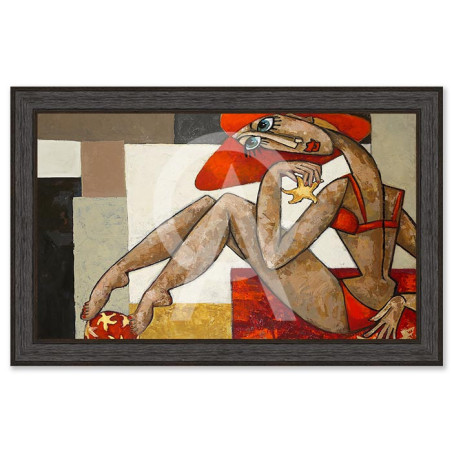 Cadre décoratif en bois avec impression en PVC vernis "La Baigneuse à la plage" - Noir - 80 x 120 cm - Collection Gonnin