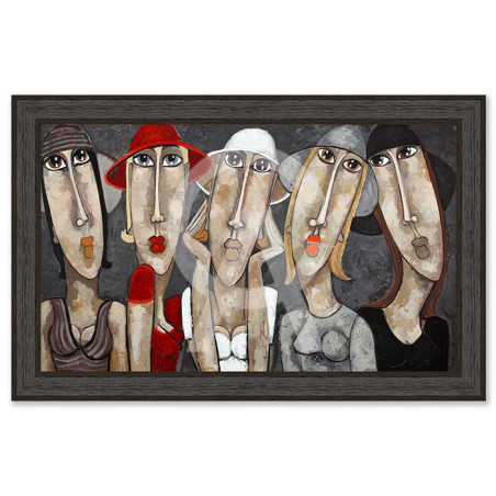 Cadre décoratif en bois avec avec impression en PVC vernis "Les filles aux chapeaux" - Noir - 40 x 60 cm - Collection Gonnin