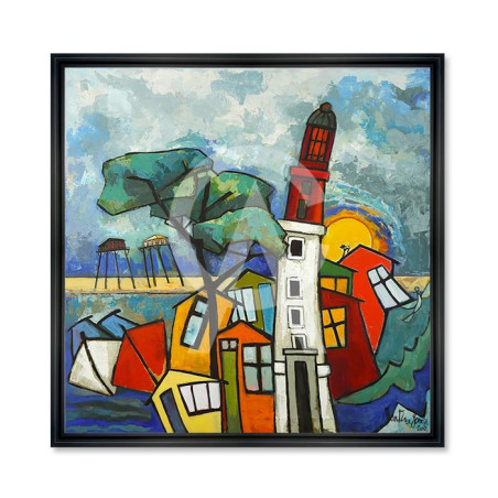 Cadre décoratif en bois "Le Phare du Cap Ferret" sous verre - Noir - 60 x 60 cm - Collection Gonnin