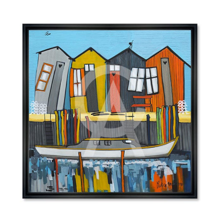 Cadre décoratif en bois avec impression en PVC vernis "Pinasse Piquey" - Noir - 80 x 80 cm - Collection Gonnin