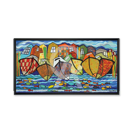 Cadre décoratif en bois avec impression en PVC vernis "Pinasse Seventies 70" - Noir - 50 x 100 cm - Collection Gonnin