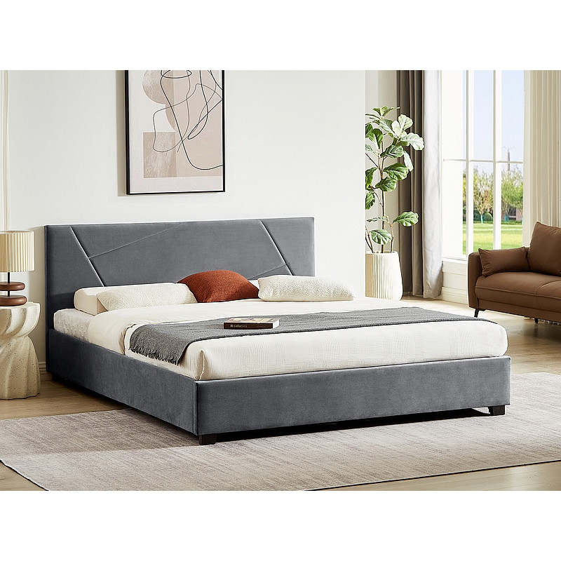 Lit double en velours avec tête de lit Columbia - Gris - 160 x 200 cm