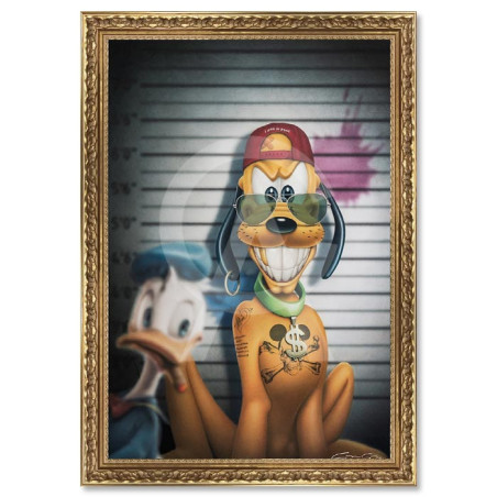 Cadre décoratif en bois avec impression en PVC vernis "Doggy World" - Doré - 40 x 60 cm - Collection Granger