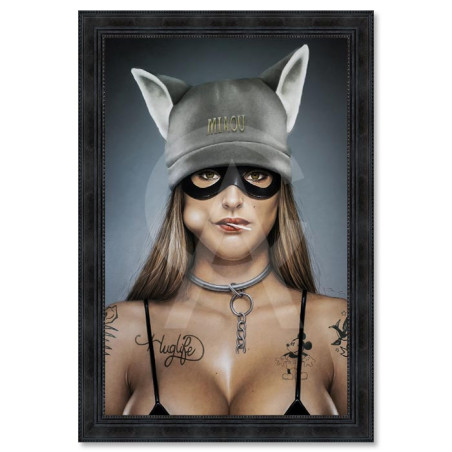 Cadre décoratif en bois avec impression en PVC vernis "Cat Woman" - Noir - 60 x 90 cm - Collection Granger