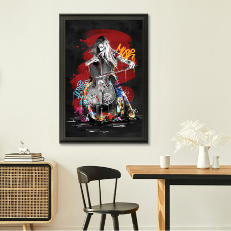 Cadre décoratif en bois avec impression en PVC vernis "La Violoncelliste" - Noir mat - 40 x 60 cm - Collection Romaric