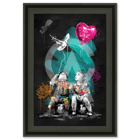 Cadre décoratif en bois avec impression en PVC vernis "Le garçon, la fille et la colombe"  - Noir mat - 40 x 60 cm - Collection