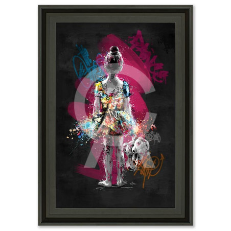 Cadre décoratif en bois avec impression en PVC vernis "La danseuse et le nounours" - Noir mat - 80 x 120 cm - Collection Romaric
