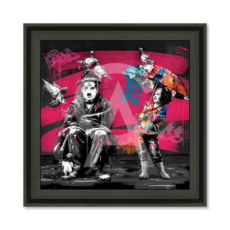 Cadre décoratif en bois avec impression en PVC vernis "Charlie Chaplin et les pigeons" - Noir - 80 x 80 cm - Collection Romaric