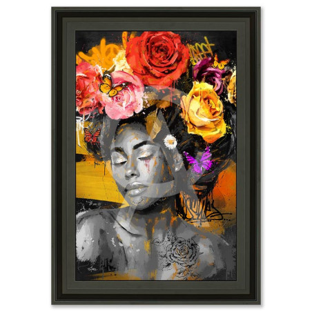 Cadre en bois avec impression en PVC vernis "La femme aux roses" - Noir mat - 80 x 120 cm - Collection Romaric