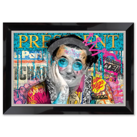 Cadre en bois avec impression en PVC vernis "Coluche" - Noir/Argent - 80 x 120 cm - Collection Romaric
