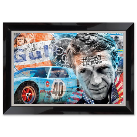 Cadre en bois avec impression en PVC vernis "Steve Mc Queen" - Noir/Argent - 40 x 60 cm - Collection Romaric