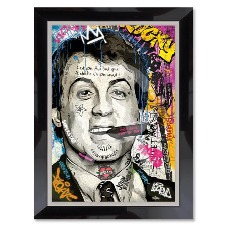 Cadre en bois avec impression en PVC vernis "Stallone" - Noir/Argent - 70 x 100 cm - Collection Romaric