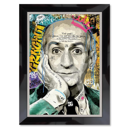 Cadre en bois avec impression en PVC vernis "Louis de Funès" - Noir/Argent - 70 x 100 cm - Collection Romaric