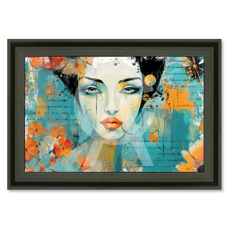 Cadre en bois avec impression en PVC vernis "La fille turquoise" - Noir mat - 40 x 60 cm - Collection Romaric