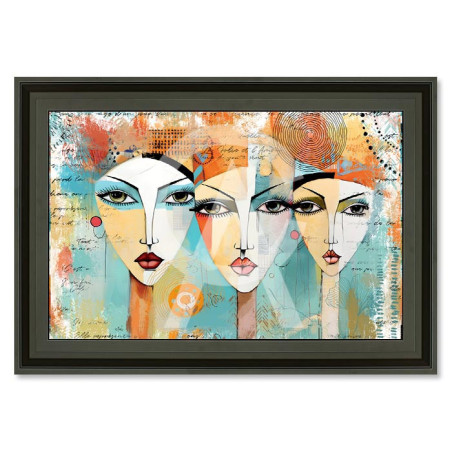 Cadre en bois avec impression en PVC vernis "3 Filles turquoises" - Noir mat - 60 x 90 cm - Collection Romaric