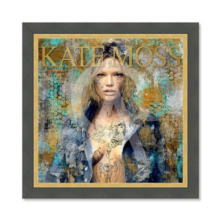 Cadre en bois avec impression en PVC vernis "Kate Moss" - Noir/Dorée - 80 x 80 cm - Collection Romaric