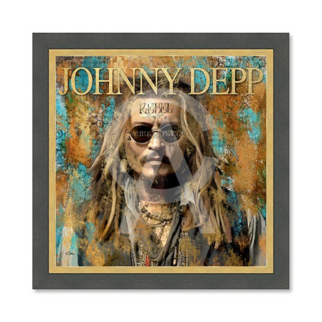 Cadre en bois avec impression en PVC vernis "Johnny Depp" - Noir/Dorée - 40 x 40 cm - Collection Romaric