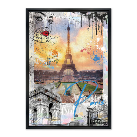 Cadre en bois avec impression en PVC vernis "Paris Eiffel" - Noir mat - 60 x 90 cm - Collection Rubix