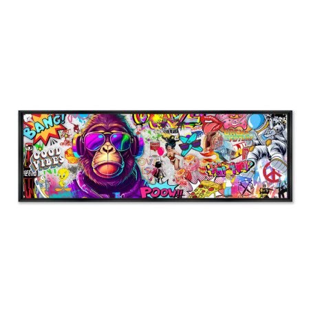 Cadre en bois avec impression en PVC vernis "Wall Art Monkey" - Noir mat - 50 x 150 cm - Collection Rubix