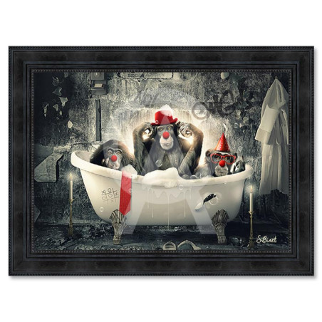 Cadre en bois avec impression en PVC vernis "Singe Clowns" - Noir - 50 x 70 cm - Collection Binet