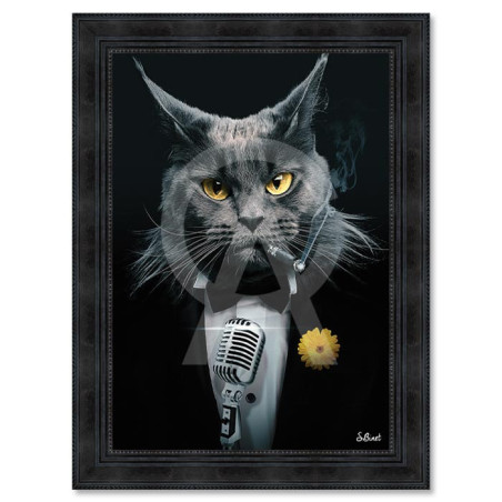 Cadre en bois avec impression en PVC vernis "Chat Chanteur" - Noir - 80 x 120 cm - Collection Binet