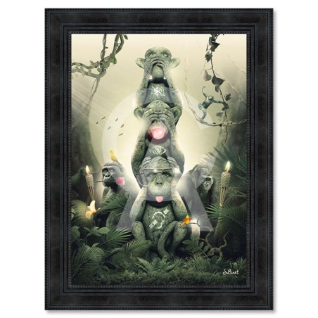 Cadre en bois avec impression en PVC vernis "Singe Totem" - Noir - 80 x 120 cm - Collection Binet