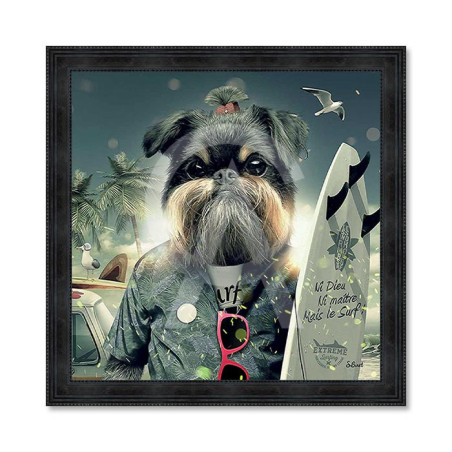 Cadre en bois avec impression en PVC vernis "Chien Surf" - Noir - 80 x 80 cm -Collection Binnet