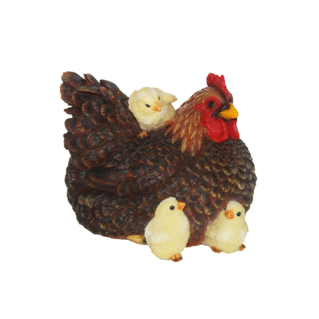 Poules couchée décorative avec poussins - Marron - L 15 cm