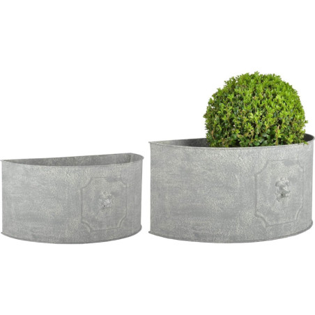 Lot de 2 pots de fleurs semi rond tête de lion en acier - Gris - L 49 et 42 cm