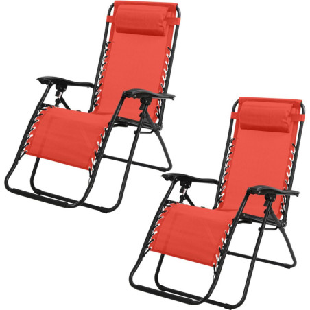 Lot de 2 fauteuils inclinables relax en métal "La Playa" - Rouge corail- L 64 x P 90 x H 108 cm