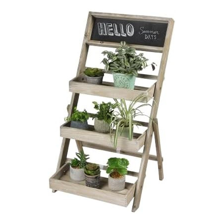 Étagère en bois pour plantes 3 niveaux avec ardoise " Mon jardin" - Beige - L 45 x P 43 x H 78 cm