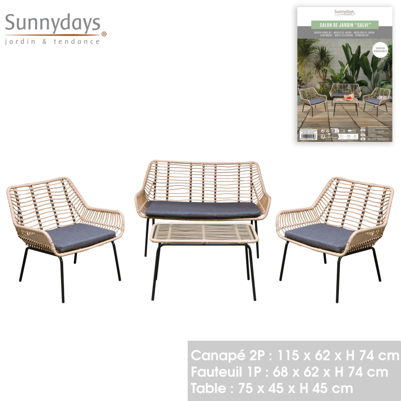 Salon de jardin 4 places Calvi - Beige/Noir - L 115 x l 62 x H 74 cm