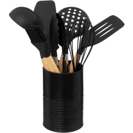 Set de 7 ustensiles en bois et plastique avec pot  - Noir