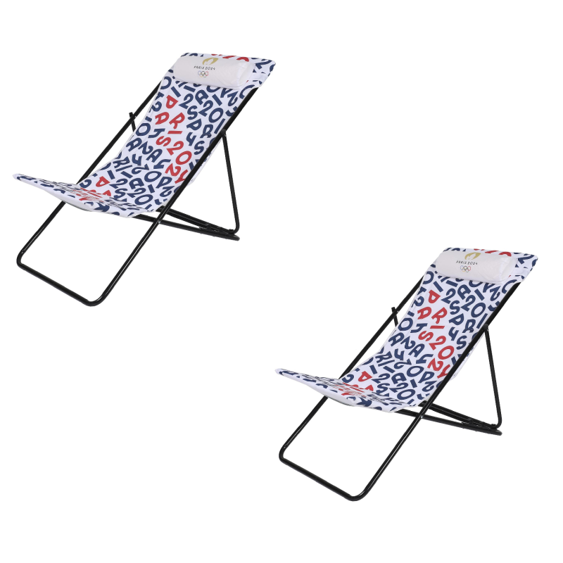 lot de 2 Chiliennes en métal inclinables Paris 2024 - Blanc/Bleu - L 56 x P 82 x H 93 cm