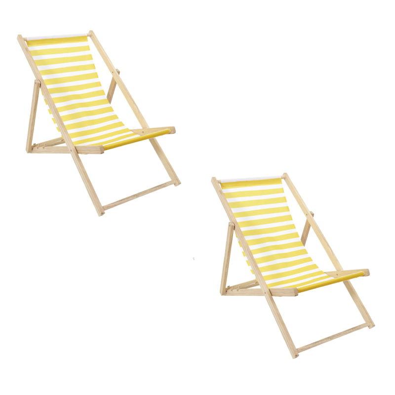 lot de 2 Chiliennes en bois inclinables à rayures - Jaune/Blanc - L 58 x P 89 x H 90 cm