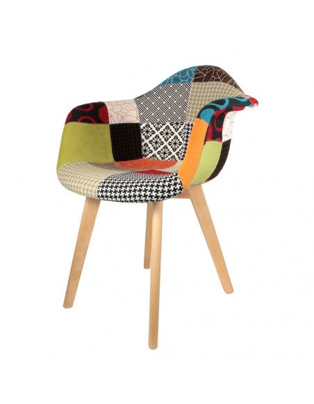 Fauteuil Scandinave Patchwork Multicolore | H 85 x P 60,5 x L 62 cm | Pieds en bois brut | Multicolore